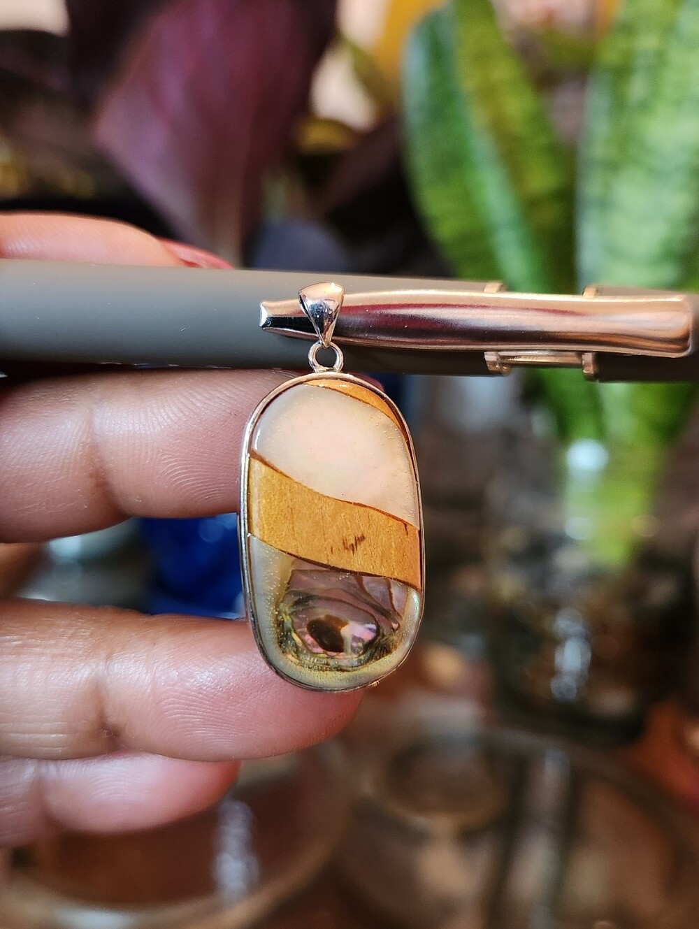 Handcrafted Abalone, Mother Of Pearl and Wood Inlay Pendant Sterling Silver